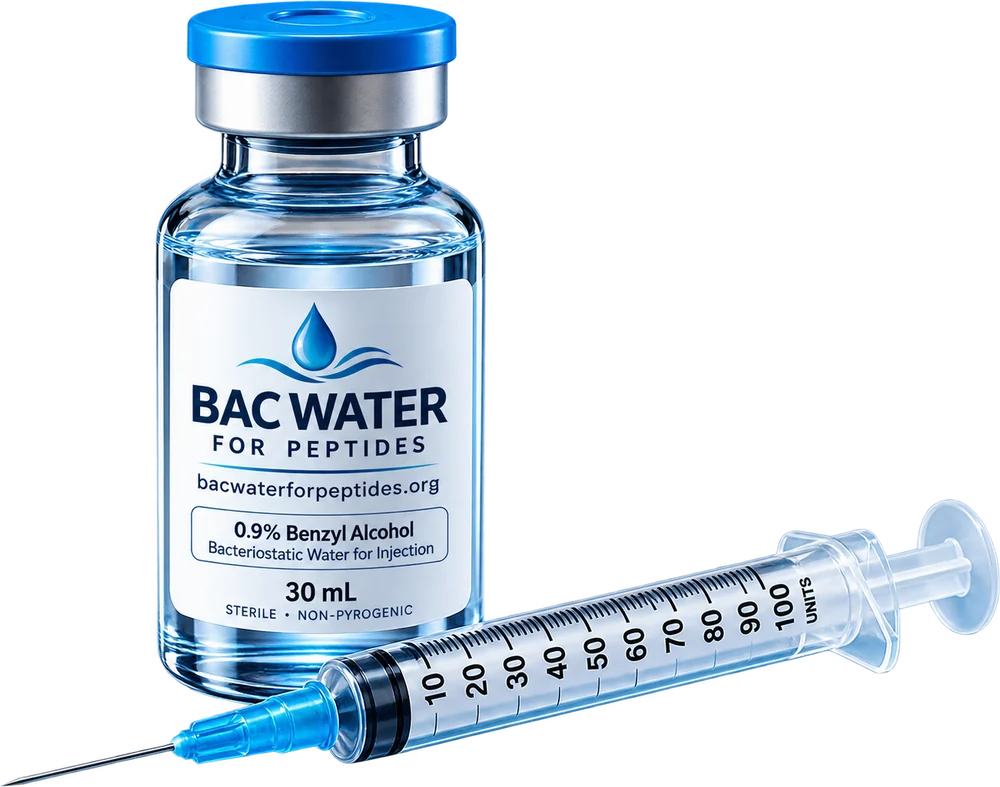 Vial of bacteriostatic (BAC) water for peptides with a U-100 insulin syringe